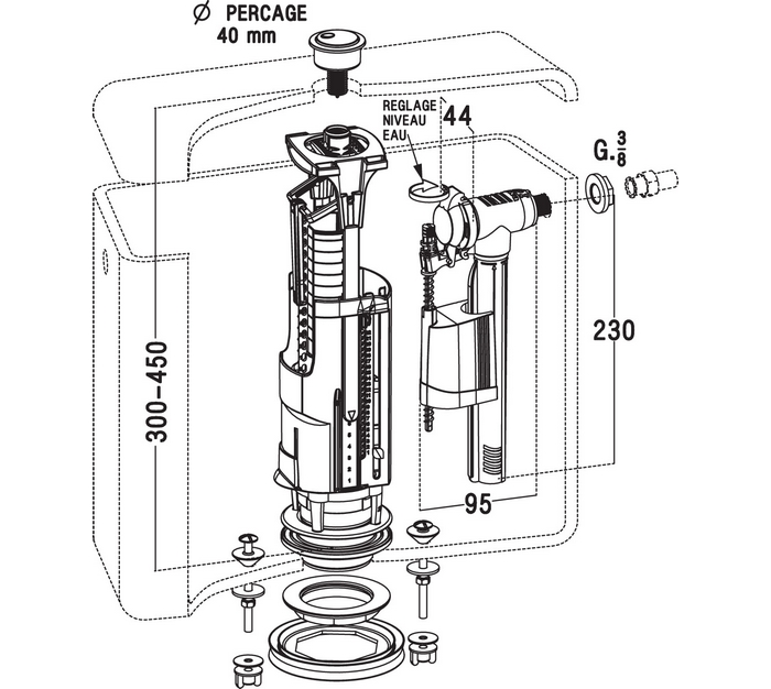 Mécanisme de chasse d'eau double volume étrier robinet flotteur SIL10 