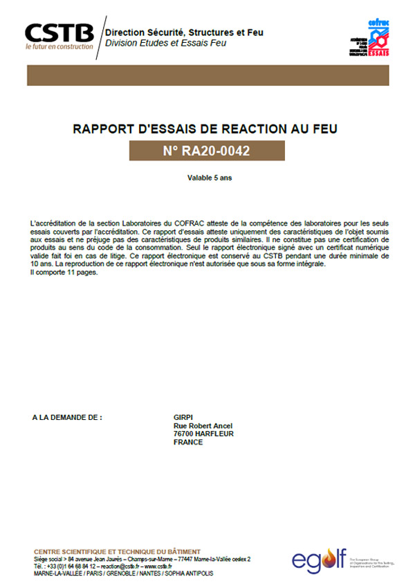 Lire la suite à propos de l’article Girair® – Rapport d’essai classement feu n°RA20-0042