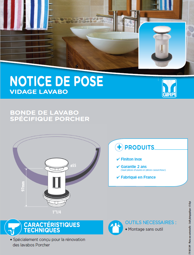 Notice de pose bonde pour lavabo Porcher - Girpi